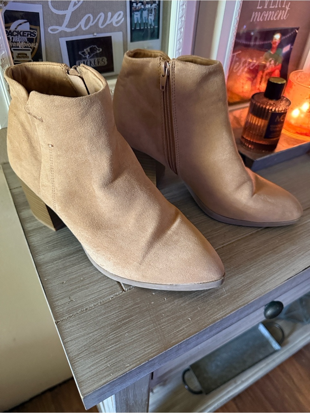 Qupid Tan Suede Pointed Toe Ankle Booties with Block Heel